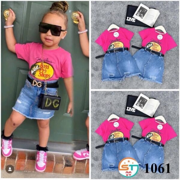 Girls' Pink Bass T-Shirt and Denim Skirt Set