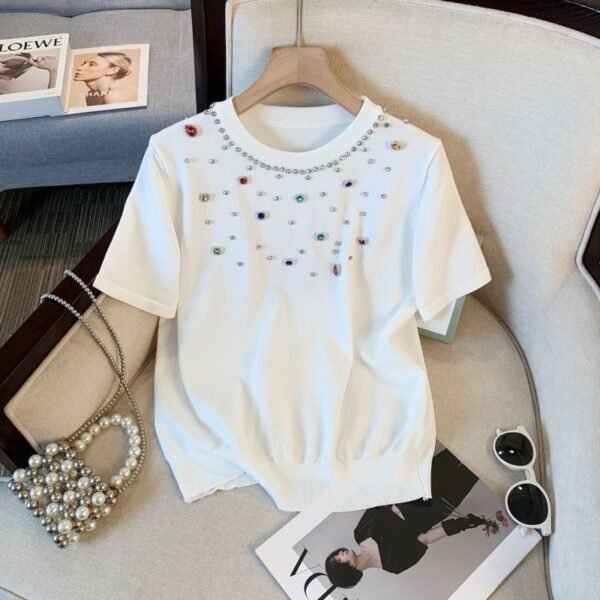 Luxe Crystal-Embroidered Short Sleeve Top