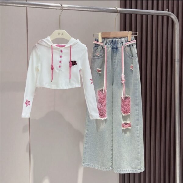 Girls' Cute Pink & White Hoodie & Jeans Set