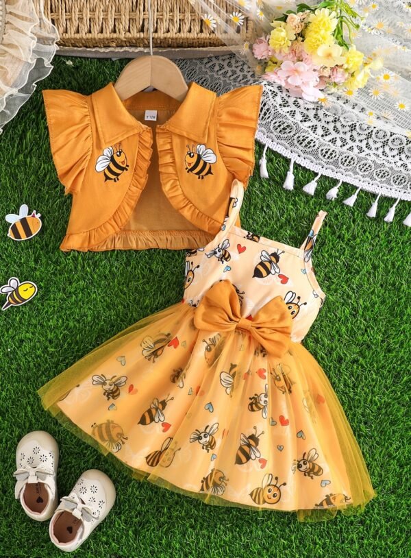 Girls Cartoon Little Bee Suspender Dress + Jacket