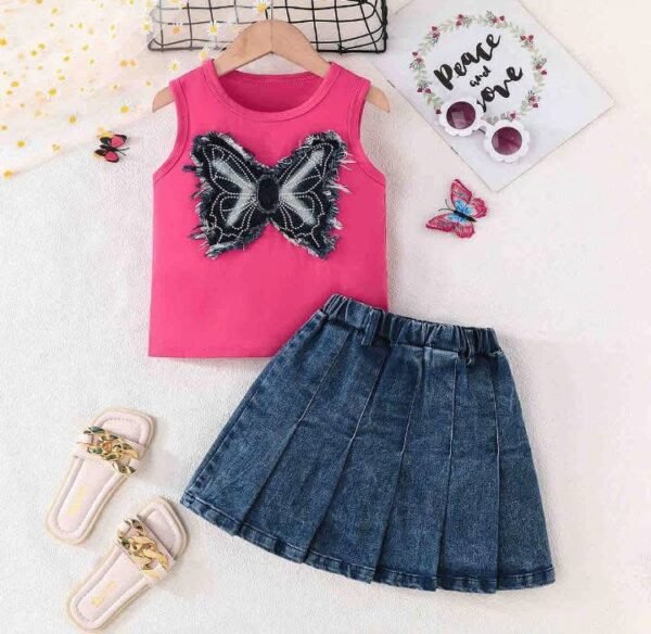 Pink Butterfly Tank Top & Denim Pleated Skirt
