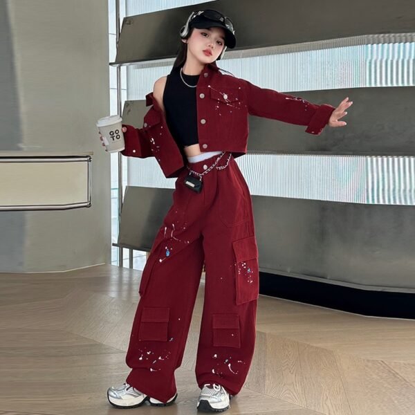 Stylish Red Paint Splatter Cargo Pants & Jacket Set for Girls