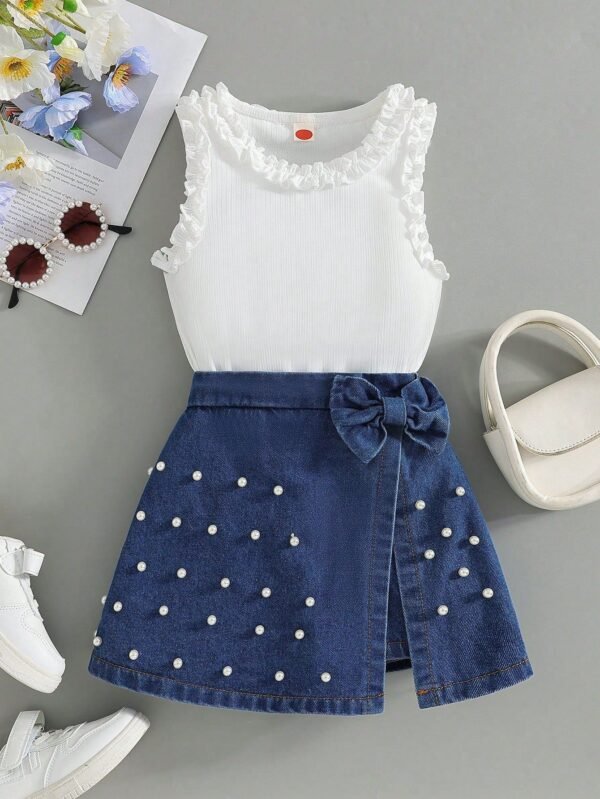 Pearl Embellished Denim Skirt and Sleeveless Top