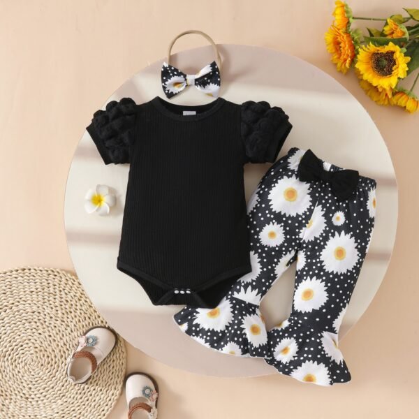 Black Bodysuit, Daisy Pants, Bow Headband