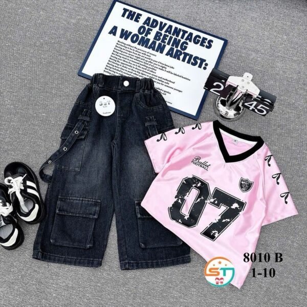 Kids Fashionable Two-Piece Set (Black Jeans & Pink T-Shirt)