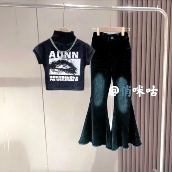 Edgy Little Fashionista Set: Tee and Flared Jeans