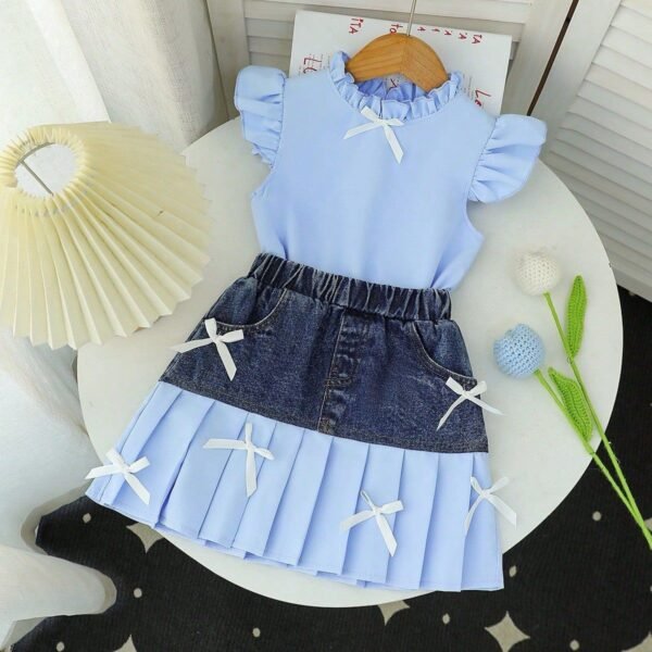 Adorable Blue Ruffle Sleeve Top & Denim Skirt Set