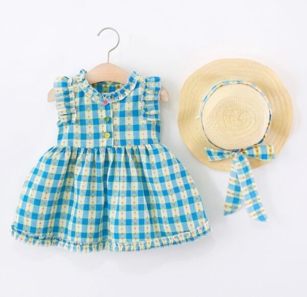 Girl's Blue Plaid Dress and Hat Set