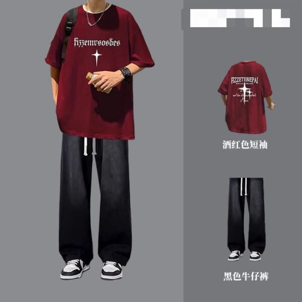 Big  boy's Burgundy T-Shirt and Gradient Black Jeans Set