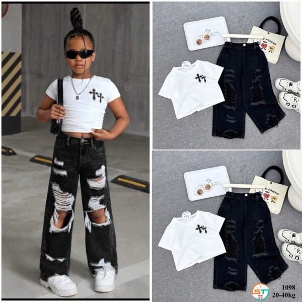 Trendy 'Cross' Tee & Ripped Wide-Leg Jean Set