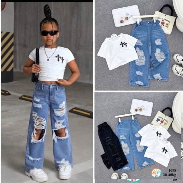 Trendy 'Cross' Tee & Ripped Wide-Leg Jean Set