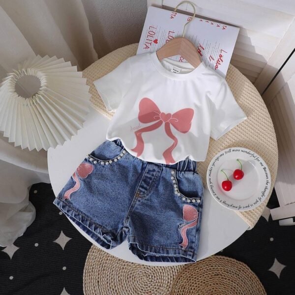 White Lolita Top with Bow and Denim Shorts Set