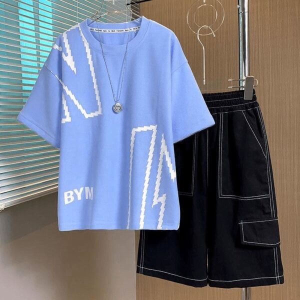 Boy's Blue Graphic Tee & Black Shorts Set