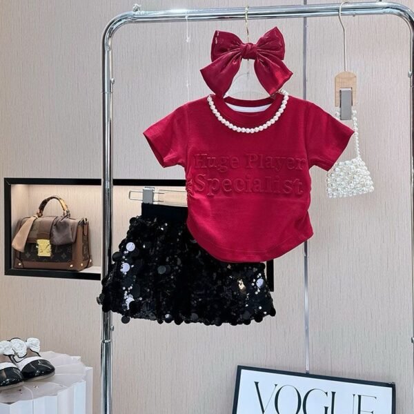 Girls' Red Shirt and Sequin Skirt Set