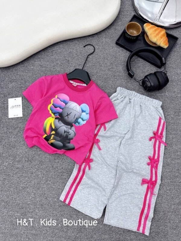 Pink Tee & Ribbon-Adorned Lounge-Ready Set