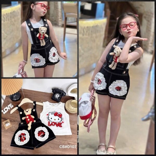 Chic Denim Romper Set with Teddy Bear Accent