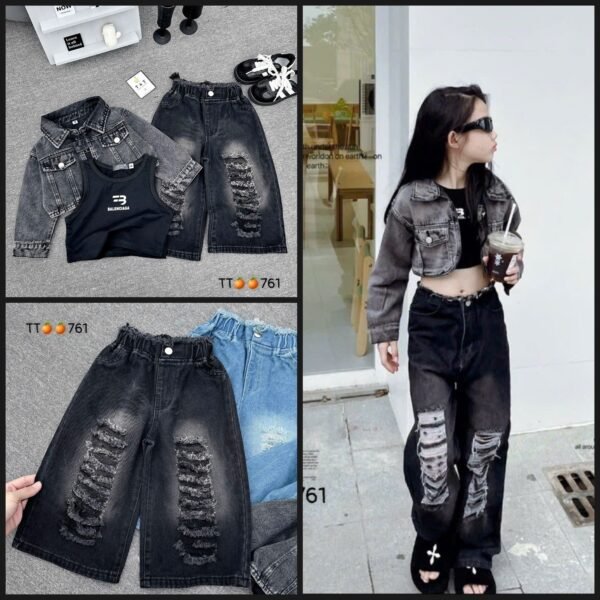 Girls' Denim Crop Set: Jacket, Top & Ripped Jeans