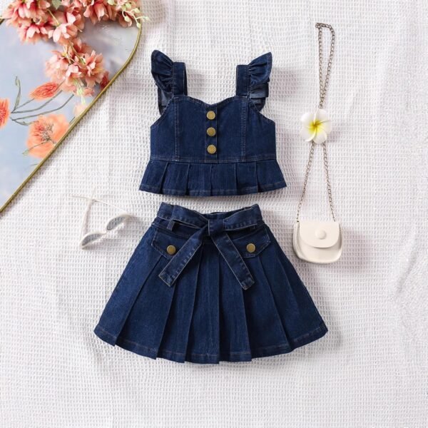 Chic Ruffle Top and Pleated Denim Skirt