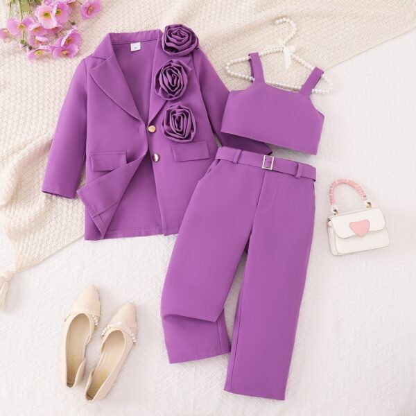 Elegant Girl's 3-Piece Purple Floral Blazer Outfit Set