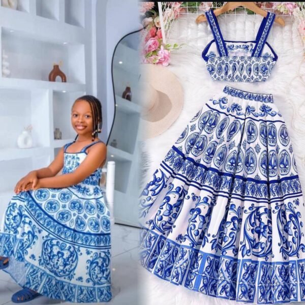Elegant Girls' Blue and White Print Maxi Dress