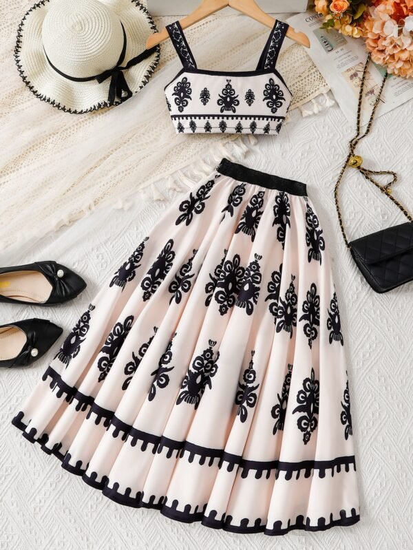 Girl's Floral Print Top And Skirt Set