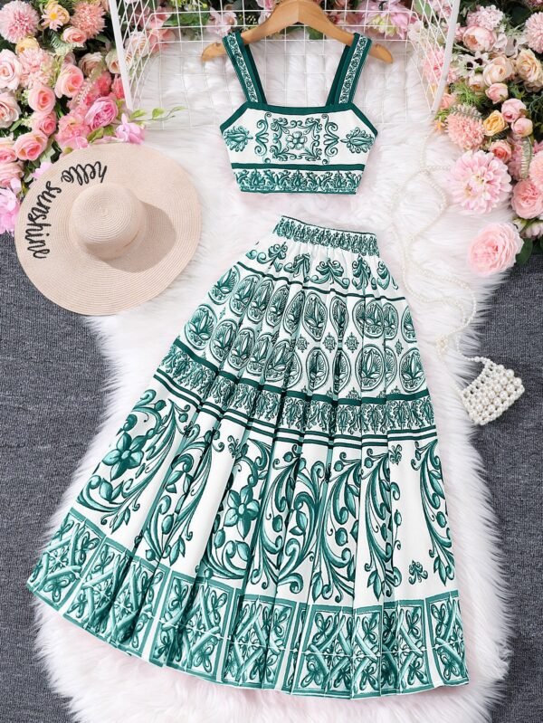 Elegant Girls' Green and White Print Maxi Dress"
