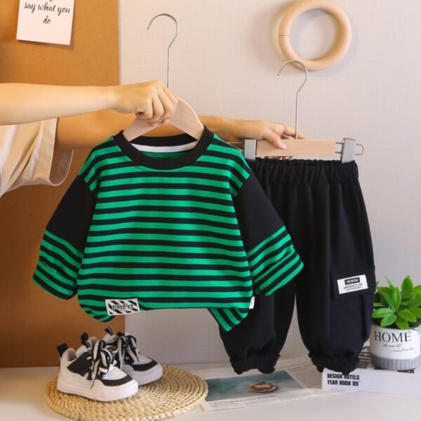 Stylish Green Striped T-Shirt and Black Pants Set