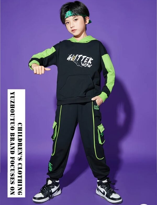 Boy's Black and Neon Green Two Piece Track Suit