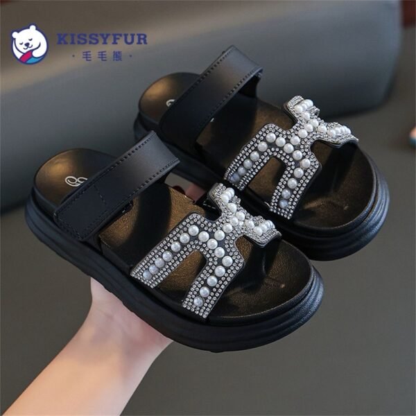 Kissyfur Girl's Pearl Embellished Black Slippers