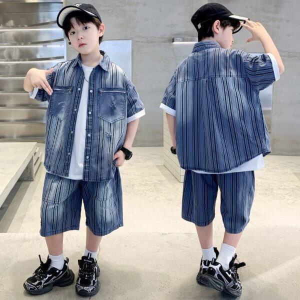 Stylish Boys Casual Striped Denim Outfit