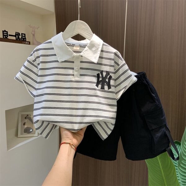 Striped white Polo Shirt And Black Shorts Set