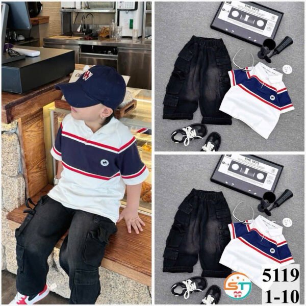 Boys' Black Cargo Pants & Polo Shirt Set