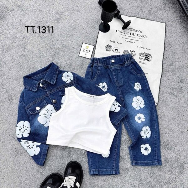 Girl's Denim Jacket & Pants Set with Floral