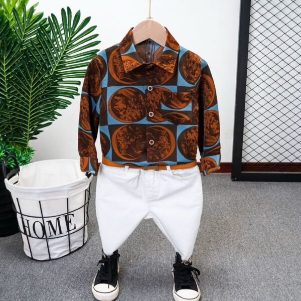 Boy's 3pcs Unique Brown and Blue Long-Sleeve Shirt with White Trousers and Belt