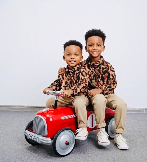 Boy's Leopard Print Long-Sleeve Button-Up Shirt and Khaki Pants Outfit