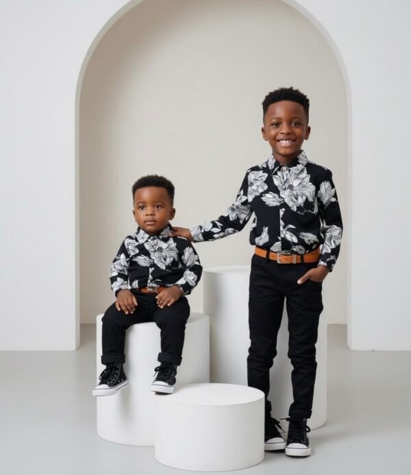 Boy's 3pcs Black & White Floral Print Long-Sleeve Shirt with Black Skinny Jeans Set and Belt