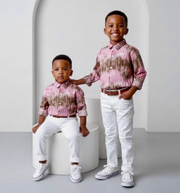 Boy's 3pcs Stylish Pink and Brown Shirt, White Pants and Belt