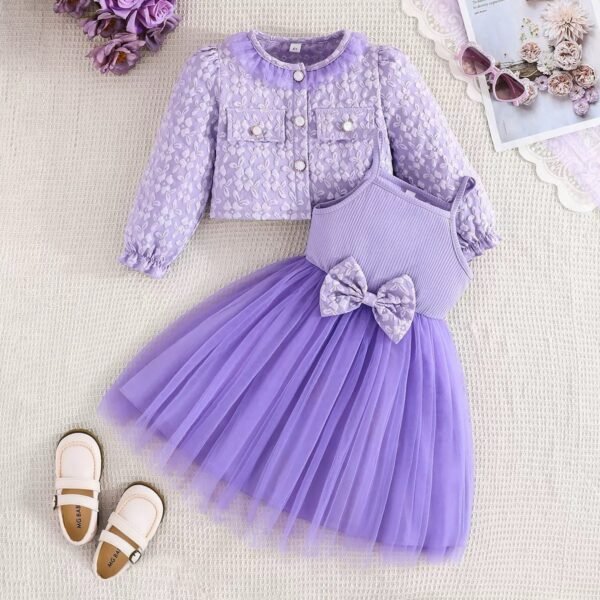 Toddler Lavender Tulle Dress and Floral Textured Jacket Two-Piece Outfit