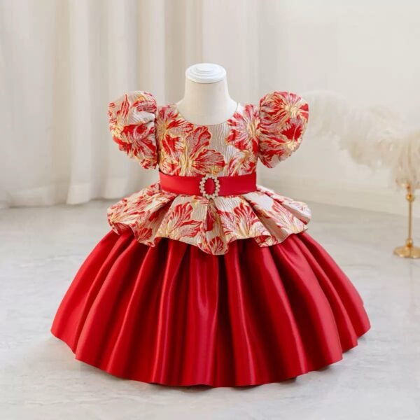 Little Girls' Red & Gold Brocade Dress with Puffed Sleeves and Peplum Waist