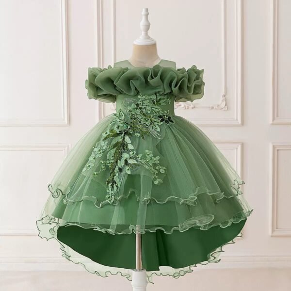 Toddler Emerald Green Formal Dress, Off-Shoulder Ruffle, Sequin Lace