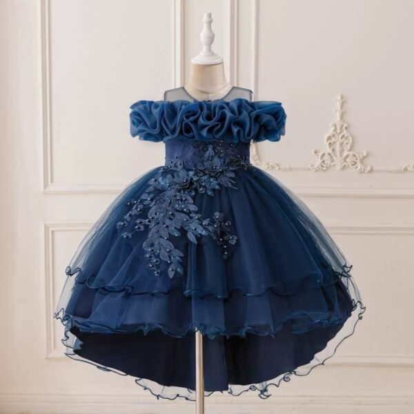 Girls Navy Blue Pageant/Party Dress: Tiered Tulle Gown with 3D Flowers