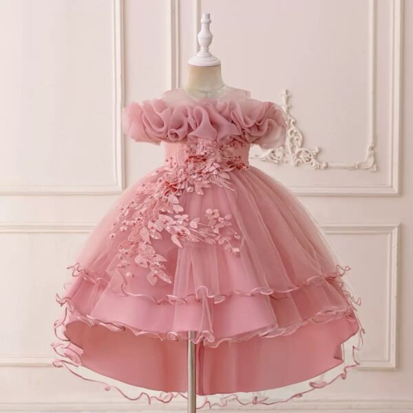 Girls' Dusty Rose High-Low Tulle Dress with Ruffled Shoulder & Floral Appliqué