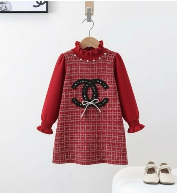 Toddler Faux-Layered Tweed Knit Dress with Contrast Sleeves