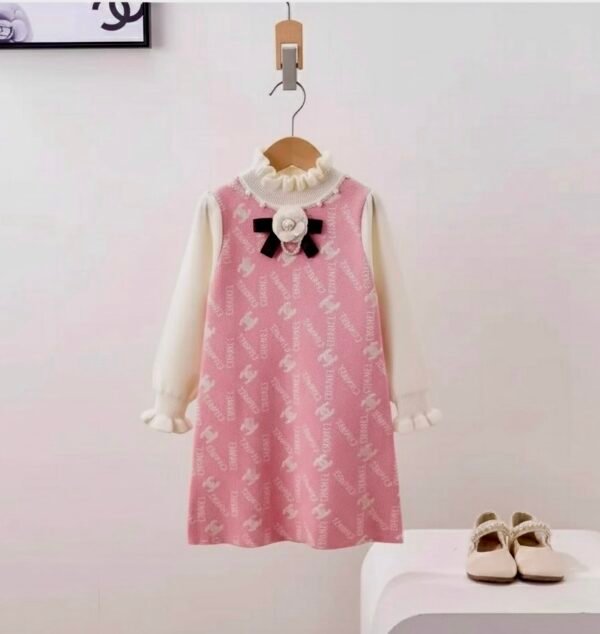 Girls' White & Pink Faux-Layered Dress with Flower Appliqué