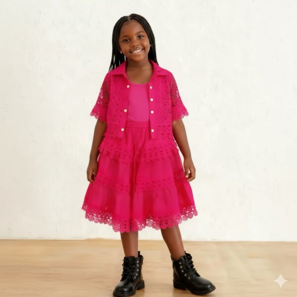 Girls' Pink Lace Tiered Skirt & Shrug Set