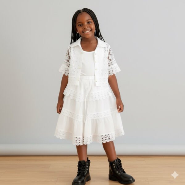Girls' White Lace Tiered Skirt & Top Set
