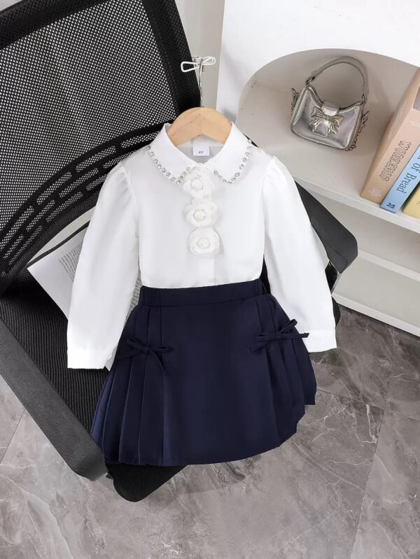 Elegant Floral Collar Blouse & Pleated Skirt Set