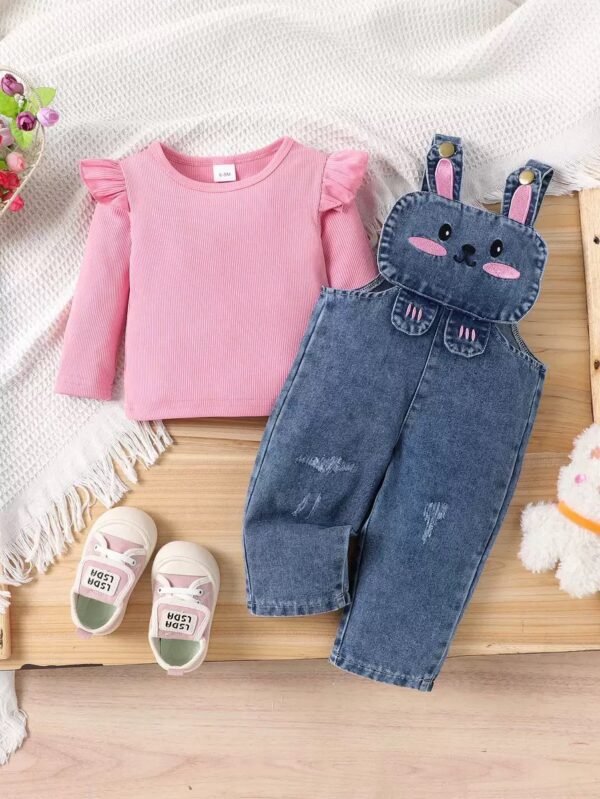 Sweet Bunny Denim Overalls & Ruffle Top Set