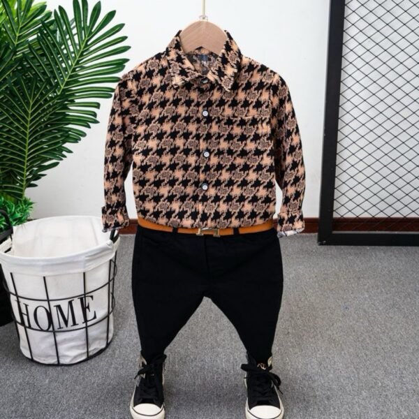 Boy's 3pcs Stylish Brown Shirt and Black Jeans Outfit with Belt