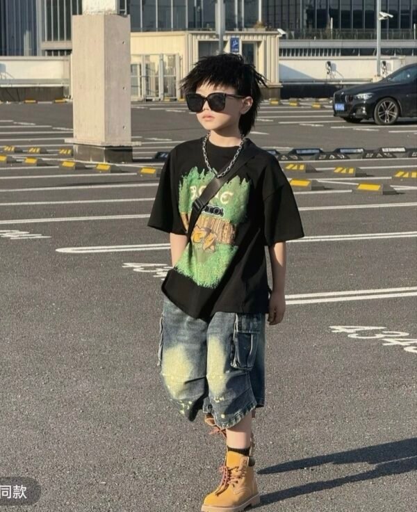 Black Tee with Green Graphic & Cargo Denim Shorts